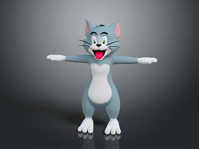 Blue cartoon cat smiling with open arms white belly and pink ears grey background 3d model