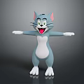 Blue cartoon cat smiling with open arms white belly and pink ears grey background