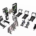Various Sports Equipment Collection Including Treadmills Dumbbell Racks And Exercise Benches