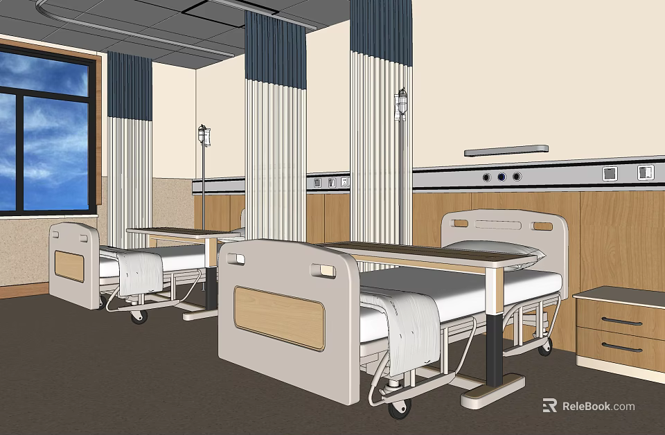 Modern Hospital Ward Interior With Multiple Beds IV Stands And Window View 3d model 