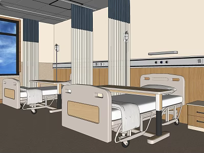 Modern Hospital Ward Interior With Multiple Beds IV Stands And Window View 3d model