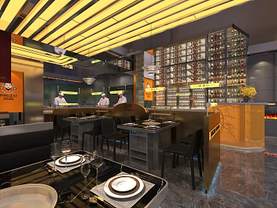 Modern Hotpot Restaurant Interior With Open Kitchen Dining Tables And Tableware 3d model
