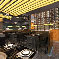 Modern Hotpot Restaurant Interior With Open Kitchen Dining Tables And Tableware 3d model