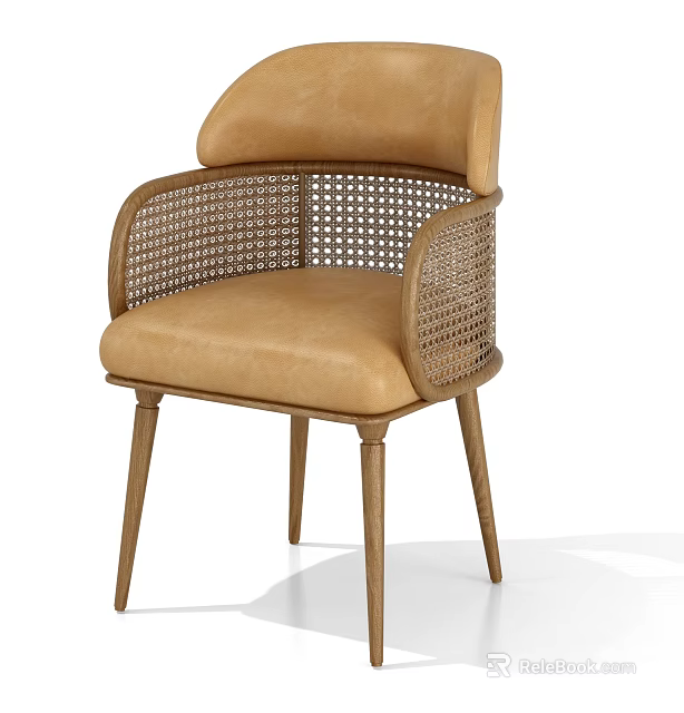 Modern Dining Chair With Leather Seat And Woven Rattan Backrest Wooden Legs 3d model 