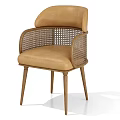 Modern Dining Chair With Leather Seat And Woven Rattan Backrest Wooden Legs