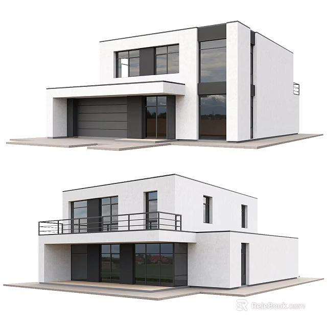 Modern Single Family House With White Exterior Large Windows Garage And Balcony Railings 3d model 