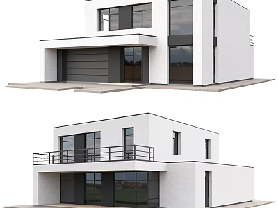 Modern Single Family House With White Exterior Large Windows Garage And Balcony Railings 3d model