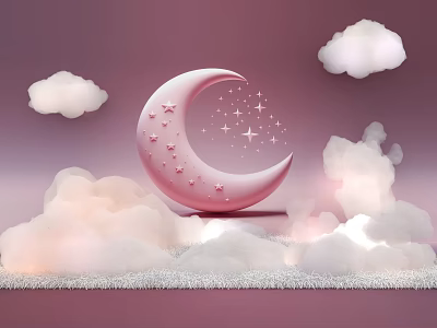 Pink Crescent Moon With Stars And Clouds Photo Spot On Fluffy Base 3d model