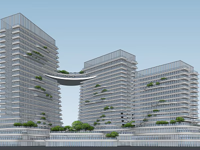 Modern High Rise Office Building With Glass Curtain Walls Vertical Greenery And Connecting Skywalk 3d model