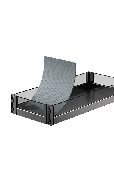 Black Metal Tray With Transparent Sides And Gray Rolled Mat Inside 3d model