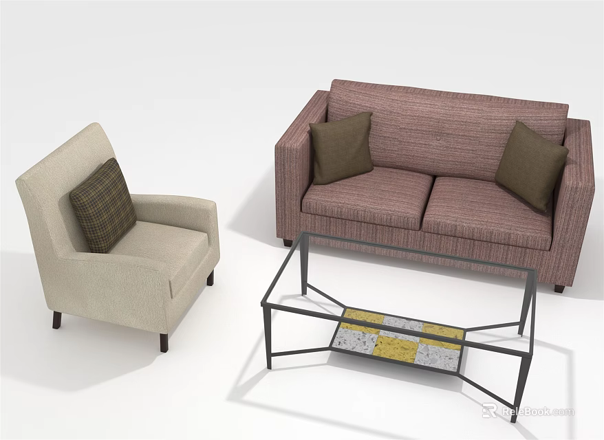 Modern Sofa and Coffee Table Set with Beige Armchair Dark Cushions Glass Top Metal Frame 3d model 