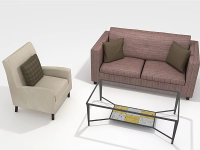 Modern Sofa and Coffee Table Set with Beige Armchair Dark Cushions Glass Top Metal Frame 3d model