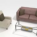 Modern Sofa and Coffee Table Set with Beige Armchair Dark Cushions Glass Top Metal Frame