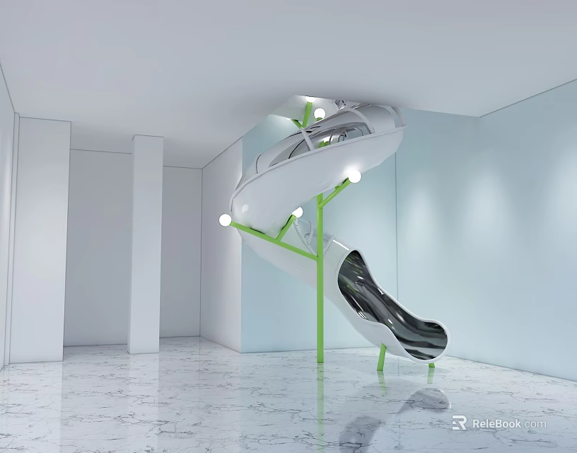 Modern Spiral Slide Play Equipment With White Structure Green Supports And Marble Floor 3d model 