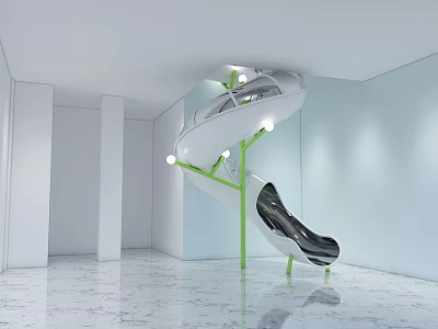 Modern Spiral Slide Play Equipment With White Structure Green Supports And Marble Floor 3d model