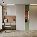 Modern White Green Wardrobe Design With Desk Bookshelf And Potted Plant