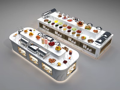 Elegant Modern Buffet Dining Table With Layered Shelves Marble Top And Fresh Fruits Beverages Desserts 3d model
