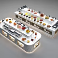 Elegant Modern Buffet Dining Table With Layered Shelves Marble Top And Fresh Fruits Beverages Desserts