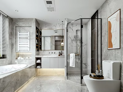 Modern Luxury Bathroom Interior With Marble Walls Bathtub Shower Enclosure And Vanity Mirror 3d model