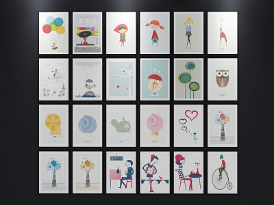 Colorful Cartoon Style Character Paintings Collection With Various Figures And Scenes 3d model