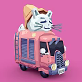 Pink Ice Cream Truck With Cone And Cartoon Cat On Top And Love Milk Design