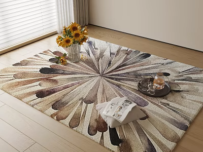 Square Area Rug With Radial Petal Pattern Sunflower Bouquet Vase Mug Tray Magazine Wooden Floor 3d model