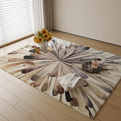 Square Area Rug With Radial Petal Pattern Sunflower Bouquet Vase Mug Tray Magazine Wooden Floor 3d model