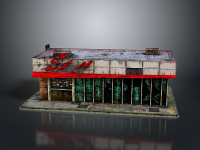 Aged Store Building With Weathered Exterior Red Sign And Green Windows 3d model