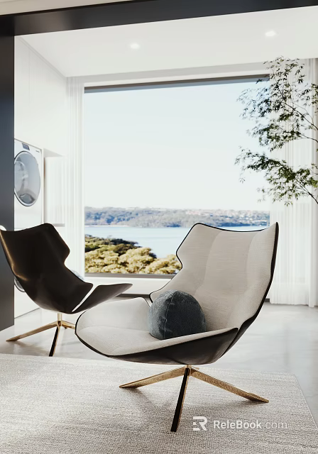 Cozy Leisure Chairs Black And Beige With Gray Pillow By Window Sea View Green Plants 3d model 