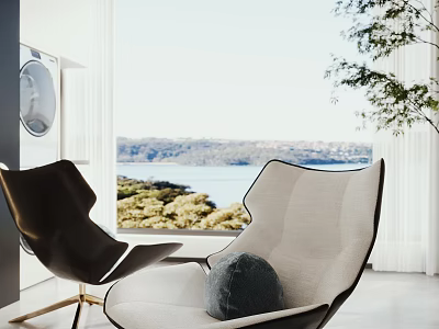 Cozy Leisure Chairs Black And Beige With Gray Pillow By Window Sea View Green Plants 3d model