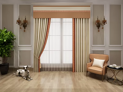 Elegant Beige Curtains with Orange Trim Valance in Living Room with Green Plant and Armchair 3d model