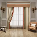 Elegant Beige Curtains with Orange Trim Valance in Living Room with Green Plant and Armchair