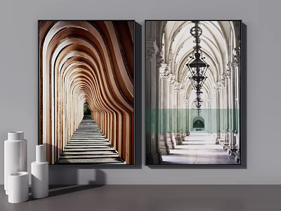 Two Framed Wall Art Pieces Showing Arched Corridor And Classical Architecture With White Decor 3d model