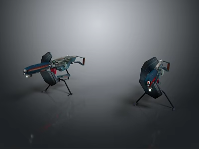 Futuristic Tactical Weapon Design Featuring Double Guns On Metallic Display Stand 3d model