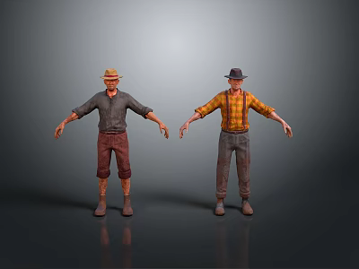 Two Men 3D Models With Different Hats Shirts And Pants On Gray Background 3d model