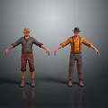 Two Men 3D Models With Different Hats Shirts And Pants On Gray Background