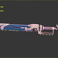 Blue And White Chainsaw With Wooden Handle Metallic Parts Stylish Modern Weapon Design
