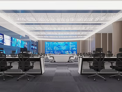 Modern Control Room With Multiple Monitoring Screens Workstation Desks And Chairs 3d model