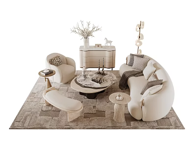 Modern Cream Curved Sofa And Marble Coffee Table Set For Elegant Cozy Home Living Space 3d model