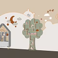 Kids Room Tree Shaped Decorative Cabinet with Cute Moon Star Cloud and Little House Decor