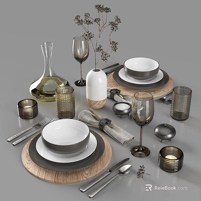 Stylish Tableware Set With Wine Bottle Glasses Bowls Plates Napkins Cutlery And Candle Holders 3d model 