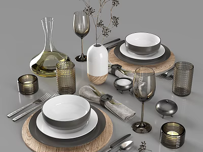 Stylish Tableware Set With Wine Bottle Glasses Bowls Plates Napkins Cutlery And Candle Holders 3d model
