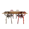 Wooden Dining Table Set With Geometric Design Red And Black Chairs 3d model