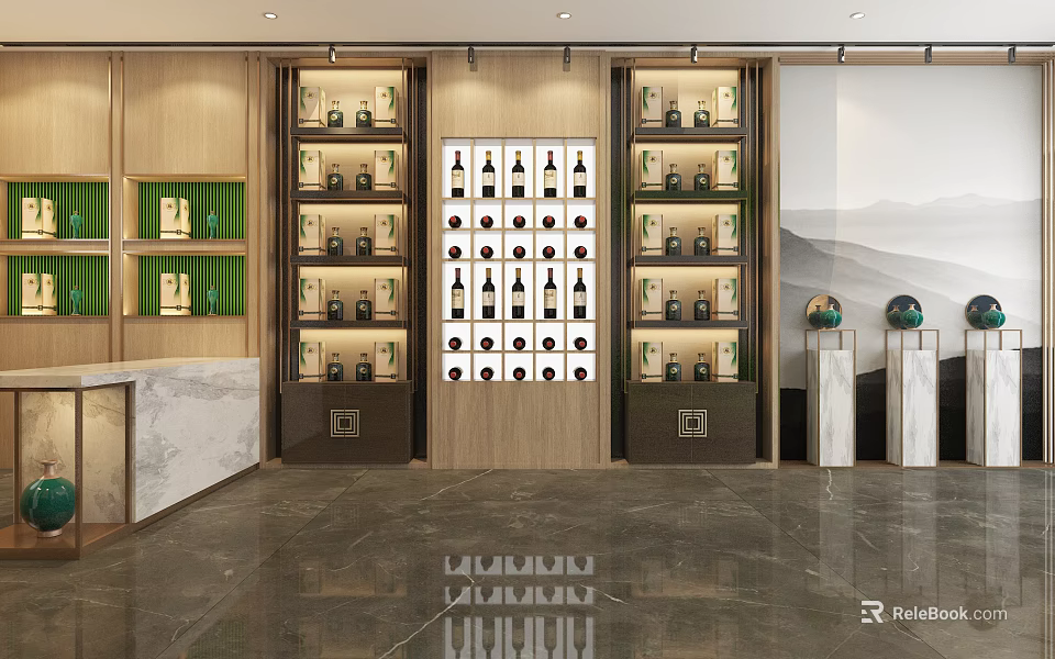 Elegant Modern Specialty Store With Wooden Display Cabinets Bottled Products And Mountain Artwork 3d model 