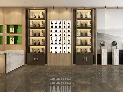 Elegant Modern Specialty Store With Wooden Display Cabinets Bottled Products And Mountain Artwork 3d model