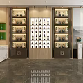 Elegant Modern Specialty Store With Wooden Display Cabinets Bottled Products And Mountain Artwork