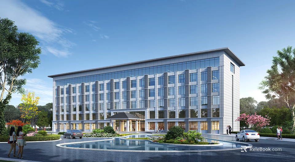 Modern Commercial Building With Glass Facade Water Pool And Landscaped Entrance Area 3d model 