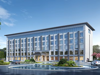 Modern Commercial Building With Glass Facade Water Pool And Landscaped Entrance Area 3d model