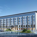 Modern Commercial Building With Glass Facade Water Pool And Landscaped Entrance Area
