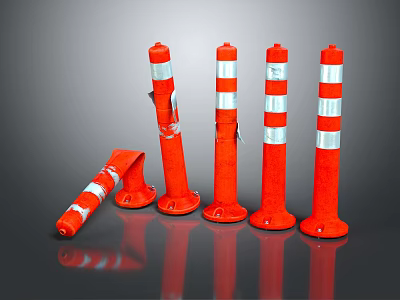 Set Of Orange Traffic Cones With White Reflective Stripes Standing And Fallen 3d model